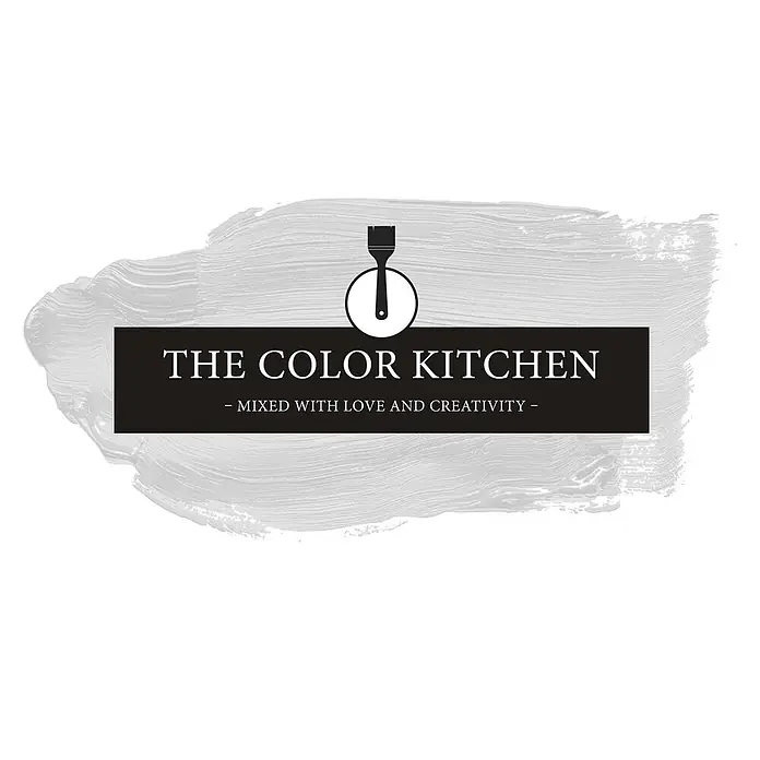 Livingwalls Wandfarbe Grau Asian Noodles 1002 2,5l - Matt, 2,5 l - Logo für The Color Kitchen: schwarzes Banner mit weißem Text, Pinsel in weißem Kreis und Slogan 'Mixed with Love and Creativity'.