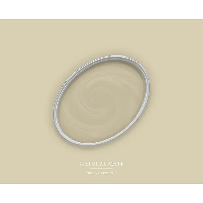 Livingwalls Wandfarbe Grün Natural Mate 4000 2,5l - Matt, 2,5 l - Offener Farbeimer von oben, gefüllt mit verwirbelter hellbeiger Farbe.