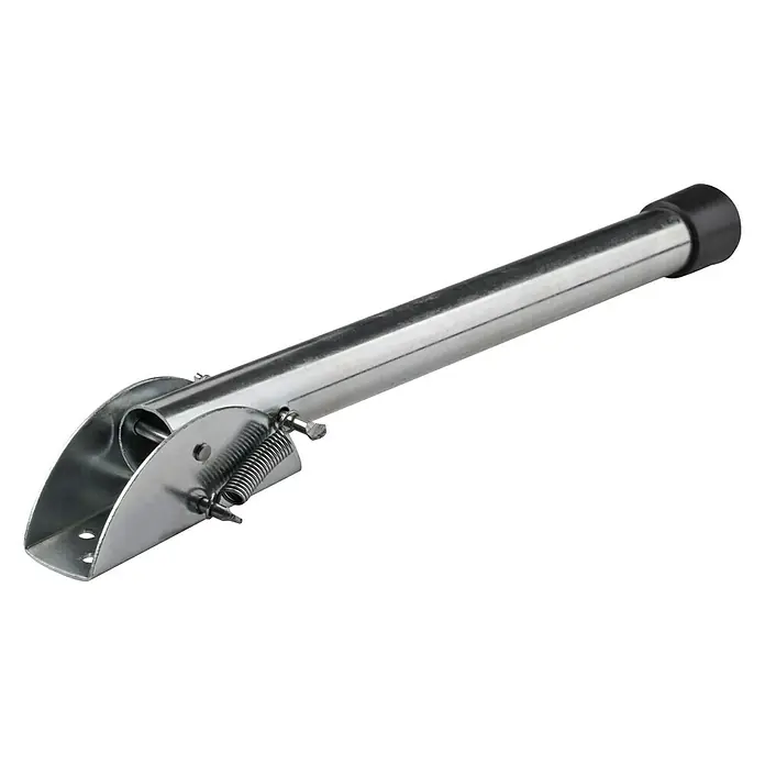 Türfeststeller Verzinkt mit Gummikappe - B x H: 25 x 300 mm, Silber/Schwarz, Verzinkt - Ein silberfarbener Motorradständer mit einer schwarzen Gummikappe, einer Feder und einer Halterung aus Metall für einfache Montage.