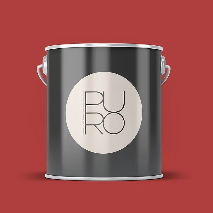 Livingwalls Wandfarbe Rot Varied Red DD125821 1l - Rot, Matt, 1 l - Schwarzer Farbeimer mit silbernem Rand und weißem Etikett 'PURO PREMIUM WALLPAINT', auf rotem Hintergrund.