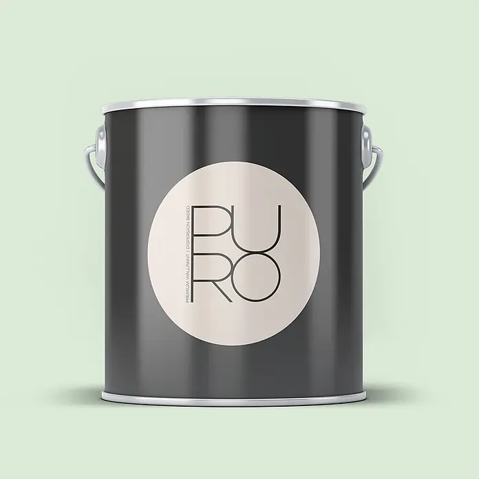 Livingwalls Wandfarbe Grün Soft Green DD125917 1l - Grün, Matt, 1 l - Schwarze Farbdose mit silbernem Rand und Griff. Beiges Etikett mit 'PURO' und 'PREMIUM WALLPAINT' Text.