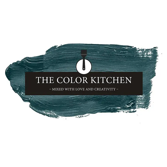 Livingwalls Wandfarbe Grün Specific Spirulina 3012 2,5l - Matt, 2,5 l - Markenlogo mit dunkelblaugrünem Pinselstrich, schwarzem Banner „THE COLOR KITCHEN“ und Pinselsymbol.