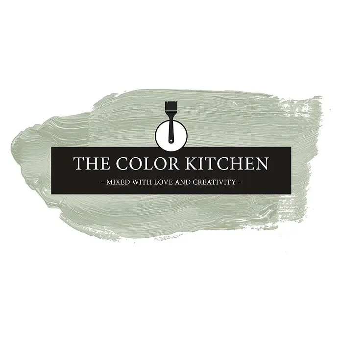 Livingwalls Wandfarbe Grün Lovely Lime 4003 2,5l - Matt, 2,5 l - Logo: „The Color Kitchen“ in weißer Schrift, Pinselsymbol, auf einem salbeigrünen Pinselstrich.