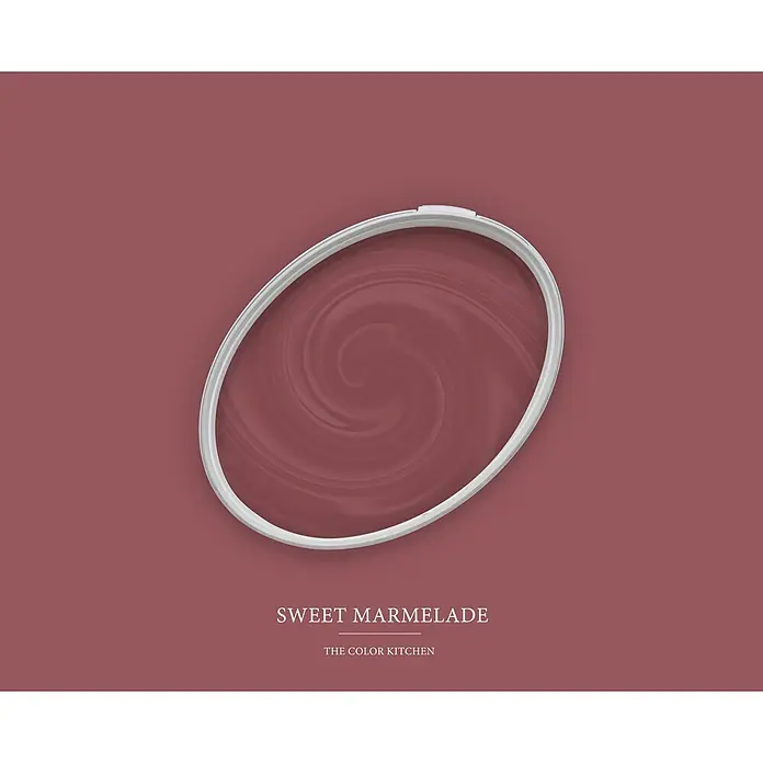 Livingwalls Wandfarbe Rot Sweet Marmelade 7012 2,5l - Rot, Matt, 2,5 l - Offener Farbeimer mit weißem Rand und wirbelnder rotbrauner Farbe.