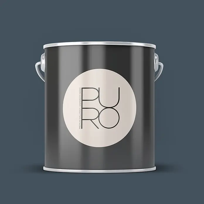 Livingwalls Wandfarbe Blau Bluish Petrol DD125914 1l - Blau, Matt, 1 l - Dunkelgraue Farbkanne mit silbernem Rand und Griff, mit einem runden hellbeigen Etikett und dem Text 'PURO PREMIUM WALLPAINT'.