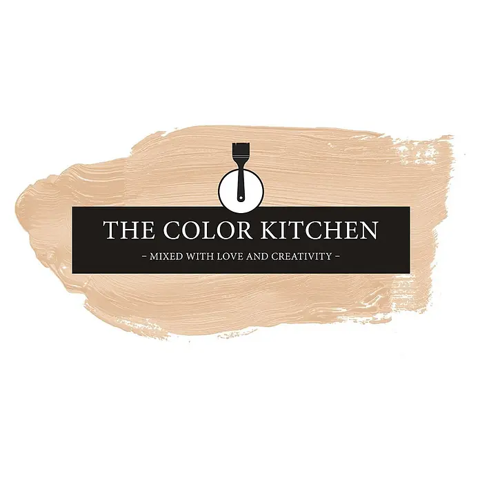 Livingwalls Wandfarbe Beige Humble Hummus 5008 2,5l - Matt, 2,5 l - Logo für „THE COLOR KITCHEN“ mit weißem Text auf schwarzem Balken, Pinsel-Symbol und beigem Pinselstrich-Hintergrund.