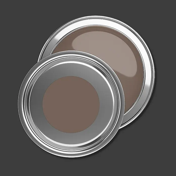 Tadessi Wandfarbe Sand - Braun, Matt, 5 l - Zwei offene silberne Farbdosen mit brauner Farbe.