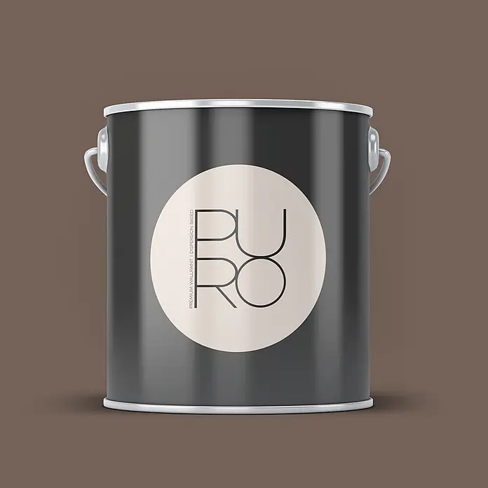 Livingwalls Wandfarbe Braun Soothing Brown DD126069 5l - Braun, Matt, 5 l - Dunkelgraue Farbdose mit hellem Etikett für 'PURO Premium Wandfarbe' vor braunem Hintergrund.