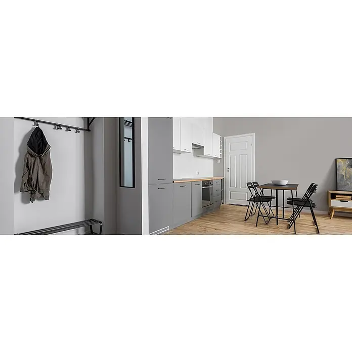Livingwalls Wandfarbe Grau Creamy Grey DD125766 5l - Grau, Matt, 5 l - Moderne grau-weiße Küche mit Holztheke und angrenzendem Eingangsbereich mit schwarzer Garderobe und Schuhregal.