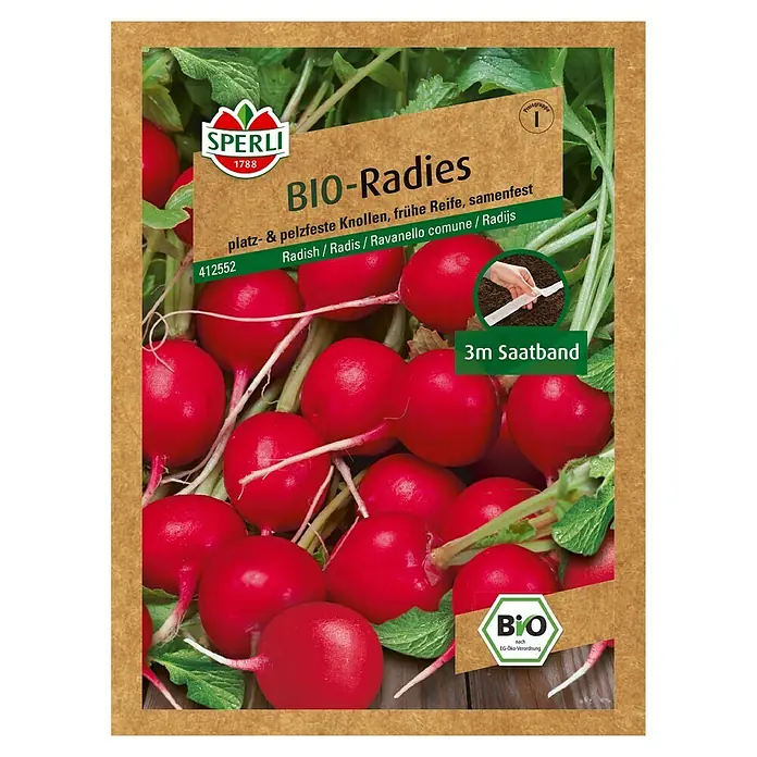 Sperli Gemüsesamen Bio Radies - Raphanus sativus, Erntezeit: April - Bio-Radieschen-Saatband von Sperli. Die Verpackung zeigt knackige, rote Radieschen und verspricht frühe Reife und platzfeste Knollen.