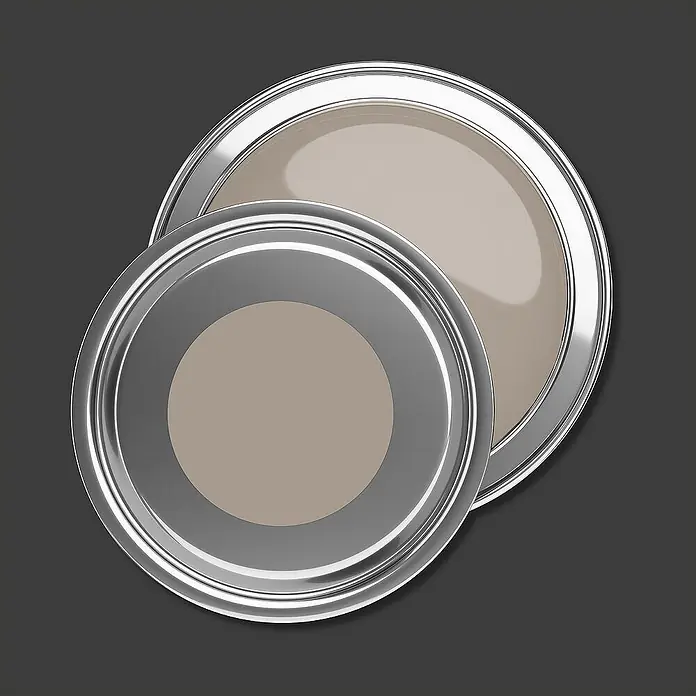 Livingwalls Wandfarbe Braun Calm Taupe DD126007 1l - Braun, Matt, 1 l - Zwei offene Metalleimer mit hellbeiger Farbe, einer überlappend.