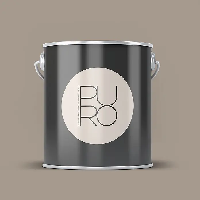 Livingwalls Wandfarbe Braun Calm Taupe DD126007 1l - Braun, Matt, 1 l - Dunkelgraue Farbkanne mit hellbeigem, rundem 'PURO'-Etikett und silbernem Rand.