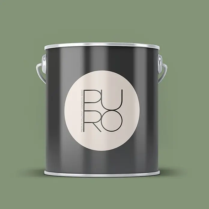 Livingwalls Wandfarbe Grün Sage Green DD125965 1l - Grün, Matt, 1 l - Dunkelgrauer Farbtopf mit silbernen Akzenten und beigem runden Etikett mit „PURO“ und „PREMIUM WALLPAINT“.