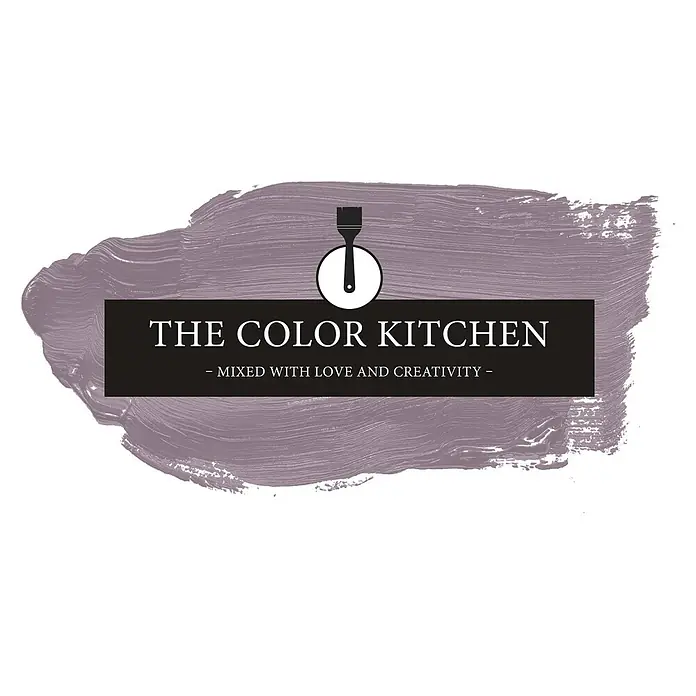 Livingwalls Wandfarbe Violett Feminine Fig 2005 5l - Violett, Matt, 5 l - Logo für „The Color Kitchen“ mit lila Pinselstrich, dunklem Banner, weißem Text und Pinsel-Symbol.