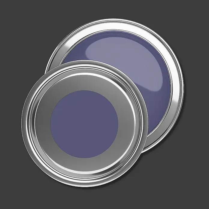 Tadessi Wandfarbe Mitternachtsblau - Violett, Matt, 5 l - Zwei offene Farbdosen mit glänzenden silbernen Rändern, gefüllt mit violetter Farbe.