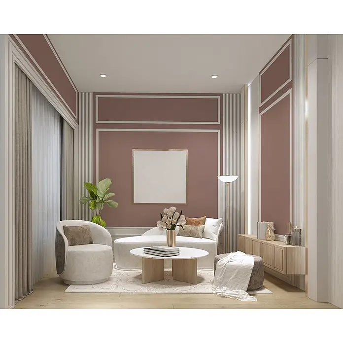 Livingwalls Wandfarbe Braun Rosy Beige DD125845 1l - Braun, Matt, 1 l - Ein elegantes Wohnzimmer mit einem geschwungenen weißen Sofa, einem Marmor-Couchtisch und mauvefarbenen Paneelwänden, das einen luxuriösen und gemütlichen Loungebereich schafft.