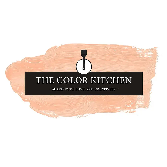 Livingwalls Wandfarbe Rosa Honeydew Melon 6022 2,5l - Matt, 2,5 l - Logo für 'The Color Kitchen' mit weißem Text auf schwarzem Banner, Pinsel-Symbol und pfirsichfarbenem Pinselstrich-Design.
