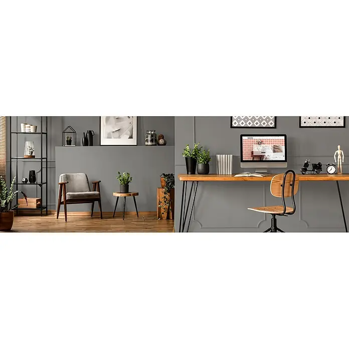 Livingwalls Wandfarbe Grau Miraculous Mackerel 1012 5l - Matt, 5 l - Modernes Home-Office und Wohnbereich mit grauen Wänden, Holzmöbeln, verschiedenen Pflanzen und einem Computertisch.