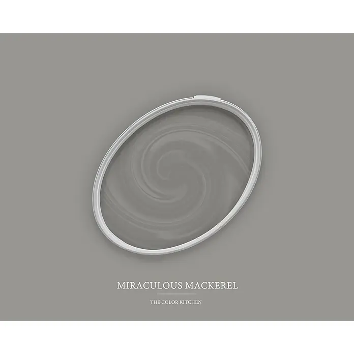Livingwalls Wandfarbe Grau Miraculous Mackerel 1012 5l - Matt, 5 l - Weißer ovaler Farbdosendeckel mit wirbelndem grauem Farbmuster innen.