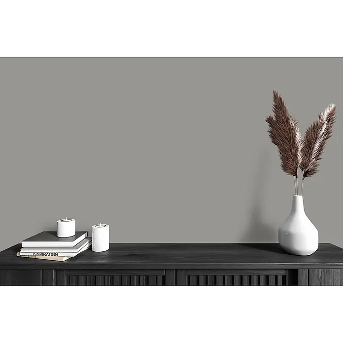 Livingwalls Wandfarbe Grau Miraculous Mackerel 1012 5l - Matt, 5 l - Dunkles Holz-Sideboard mit Büchern, Kerzen und einer Vase Pampasgras.
