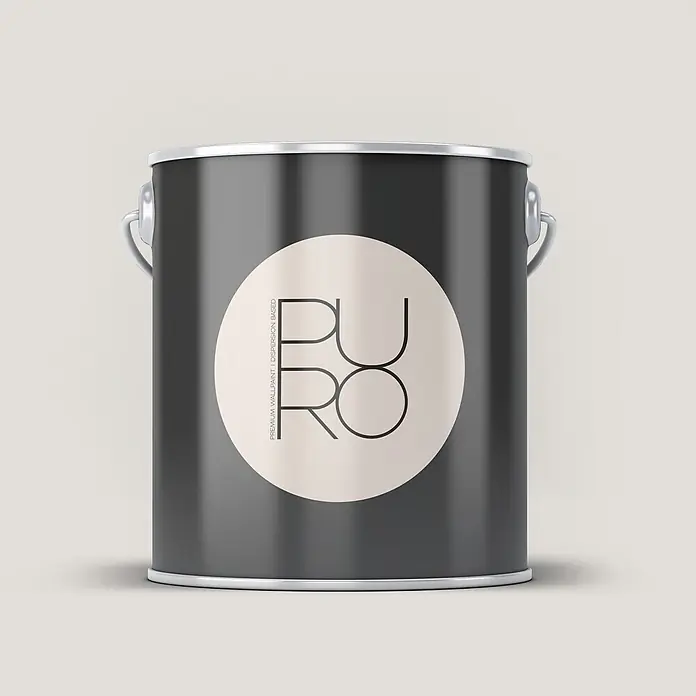 Livingwalls Wandfarbe Grau Creamy Grey DD125760 5l - Grau, Matt, 5 l - Dunkelgrauer Farbeimer mit hellbeigem Etikett mit Aufschrift 'PURO PREMIUM WALLPAINT'.