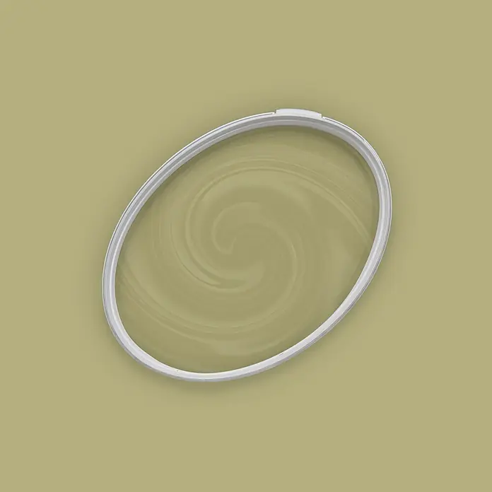 Livingwalls Wandfarbe Grün Mellow Matcha 4010 5l - Matt, 5 l - Weißer ovaler Reifen mit einem olivgrünen Strudelmuster im Inneren.