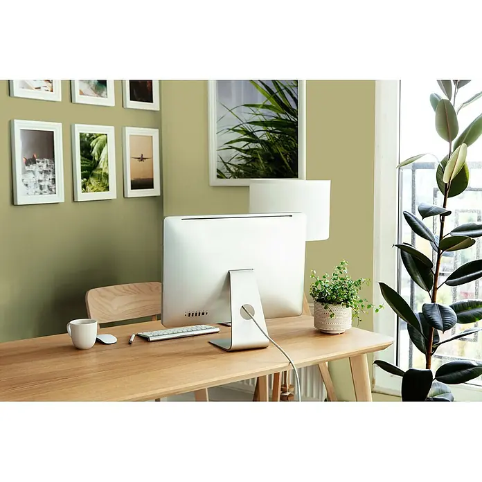 Livingwalls Wandfarbe Grün Mellow Matcha 4010 5l - Matt, 5 l - Ein heller Holzschreibtisch mit Computer, Tastatur, Maus und Topfpflanzen, eingerichtet als Homeoffice.