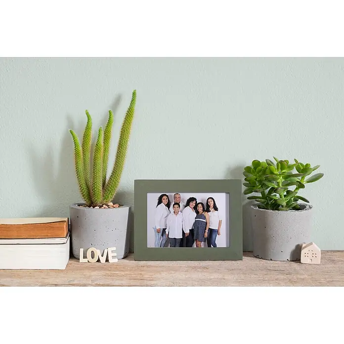 Livingwalls Wandfarbe Grün Perky Peppermint 3000 5l - Matt, 5 l - Wohnaccessoires-Arrangement auf Holzregal mit zwei Grünpflanzen in Betongefäßen, gestapelten Büchern, „LOVE“-Buchstaben, gerahmtem Familienfoto und Hausfigur.