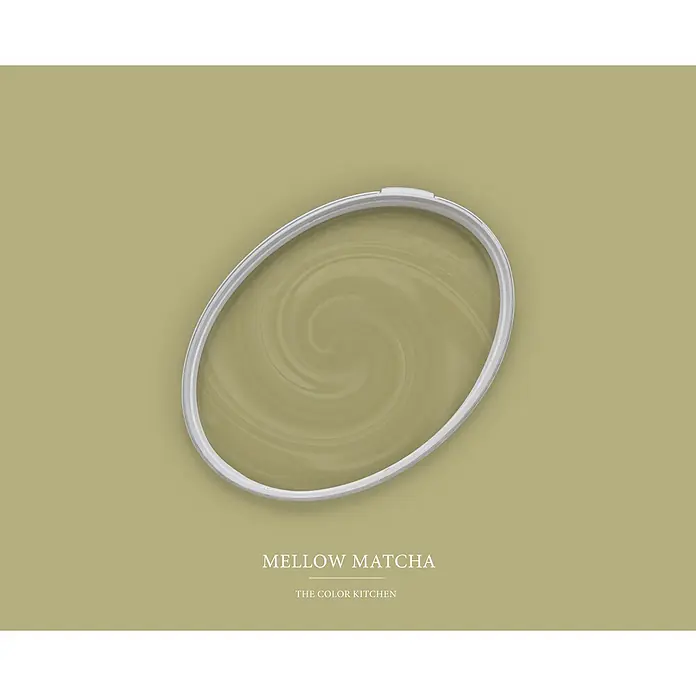 Livingwalls Wandfarbe Grün Mellow Matcha 4010 5l - Matt, 5 l - Offene Dose mit Matcha-Grün-Lack, weißem Rand und wirbelnder Oberfläche.