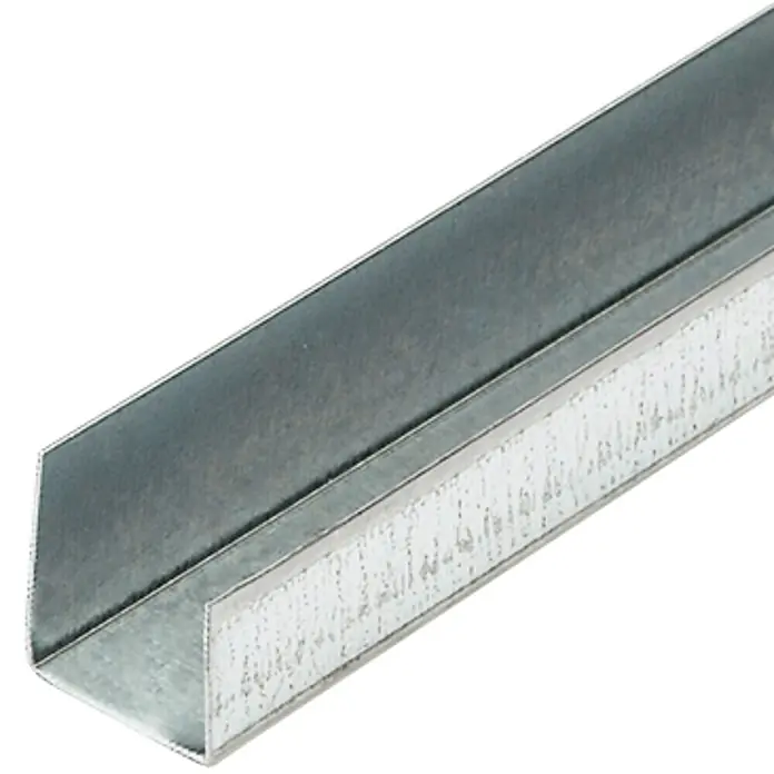 Placo Saint-Gobain Perfil para montaje Clip - Largo: 3 m, Plata - Primer plano de un perfil metálico, esencial para proporcionar estabilidad y estructura en proyectos de construcción y renovación.\n