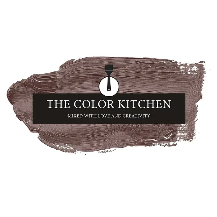 Livingwalls Wandfarbe Braun Passion Fruit 5015 5l - Matt, 5 l - "The Color Kitchen"-Logo mit brauner Pinselstrich-Textur, schwarzem Banner, weißem Serifentext und Pinselsymbol.