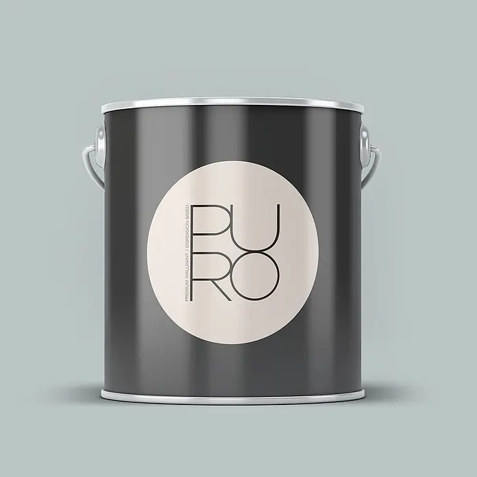 Livingwalls Wandfarbe Blau, Bluish Petrol DD125903 2,5l - Grün, Matt, 2,5 l - Dunkelgraue Farbkanne mit hellem rundem Etikett, das "PURO PREMIUM WALLPAINT" zeigt.