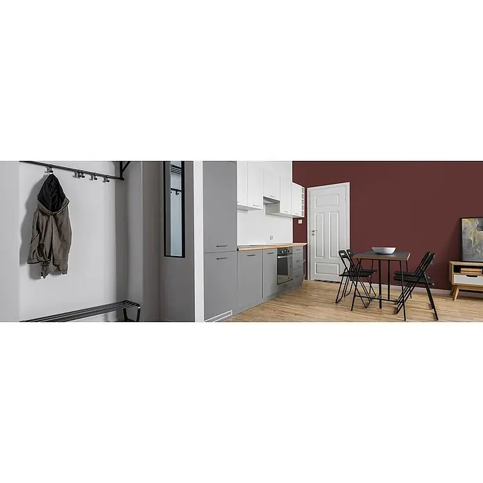 Livingwalls Wandfarbe Rot Varied Red DD125837 2,5l - Rot, Matt, 2,5 l - Modernes Studio-Apartment mit grauer und weißer Küche, Essbereich und Eingang. Ein gemütlicher und funktionaler Kompaktwohnraum.