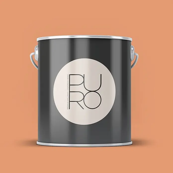 Livingwalls Wandfarbe Orange Dusty Orange DD126145 1l - Orange, Matt, 1 l - Schwarze Farbdose mit Metallgriff und -rändern, mit einem weißen runden Etikett, das "PURO" und "PREMIUM WALLPAINT" in schwarzer Schrift zeigt.