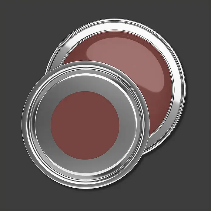 Tadessi Wandfarbe Kastanie - Rot, Matt, 5 l - Zwei offene silberne Farbdosen mit rotbrauner Farbe.