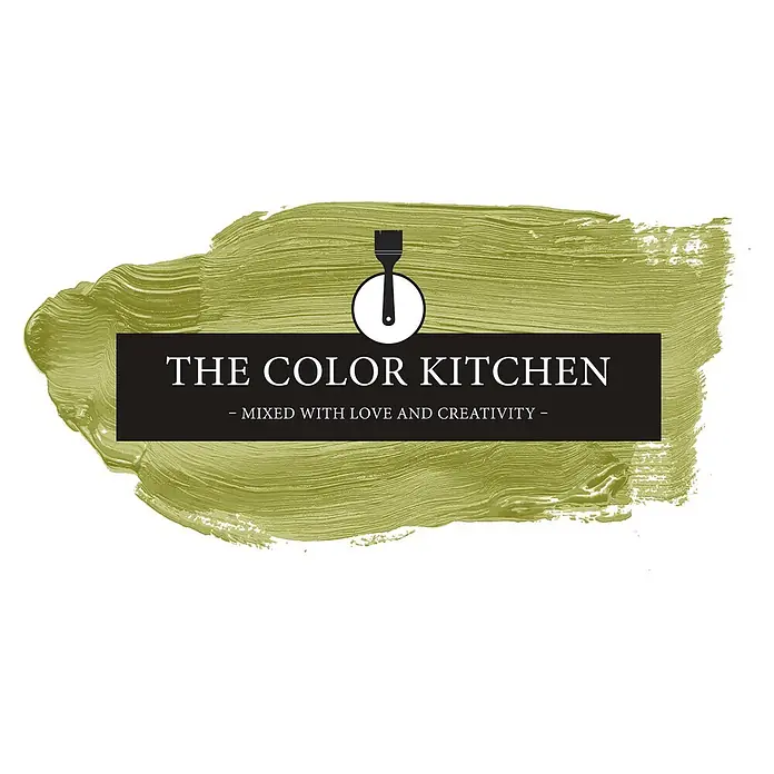 Livingwalls Wandfarbe Grün Kitchy Kiwi 4009 2,5l - Matt, 2,5 l - Logo 'The Color Kitchen': weißer Text auf schwarzem Balken, Pinsel-Symbol und grüner Pinselstrich. Slogan: 'MIXED WITH LOVE AND CREATIVITY'.