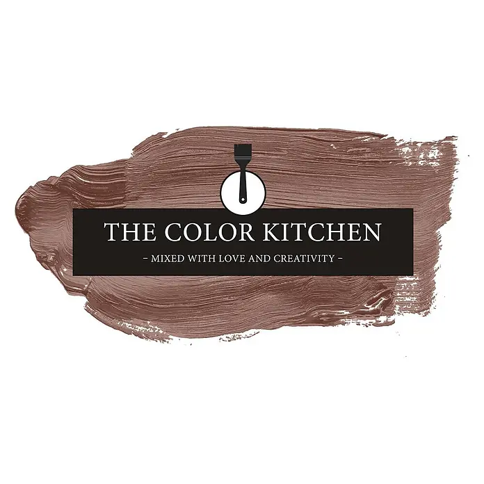 Livingwalls Wandfarbe Rot Reddish Chestnut 5014 2,5l - Matt, 2,5 l - Logo für 'THE COLOR KITCHEN' mit einem Pinsel-Symbol auf einem schwarzen Banner über einem braunen Farbstrich.