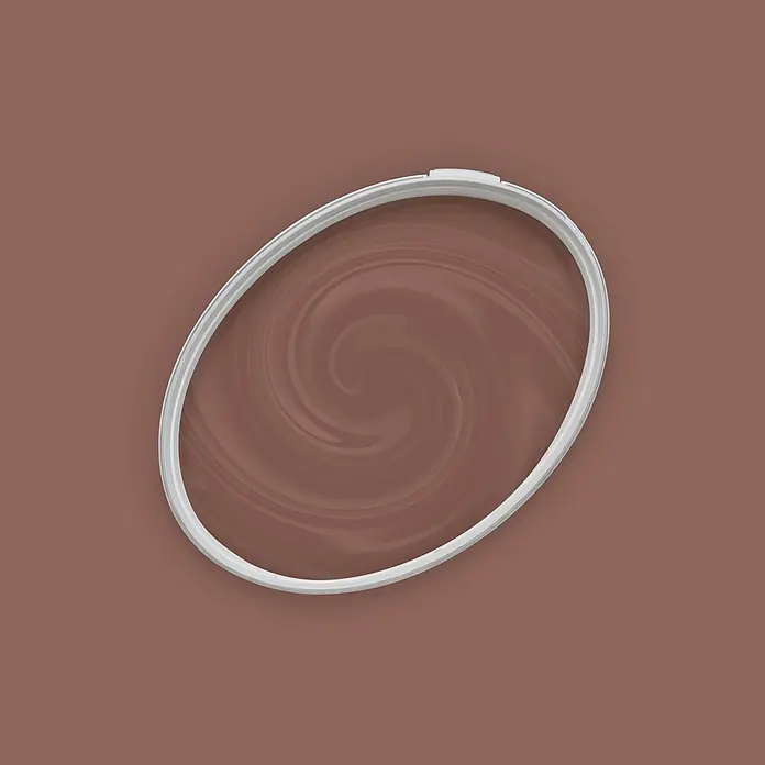 Livingwalls Wandfarbe Rot Reddish Chestnut 5014 2,5l - Matt, 2,5 l - Weißer ovaler Stickrahmen mit spiralförmigem braunem Muster auf braunem Hintergrund.