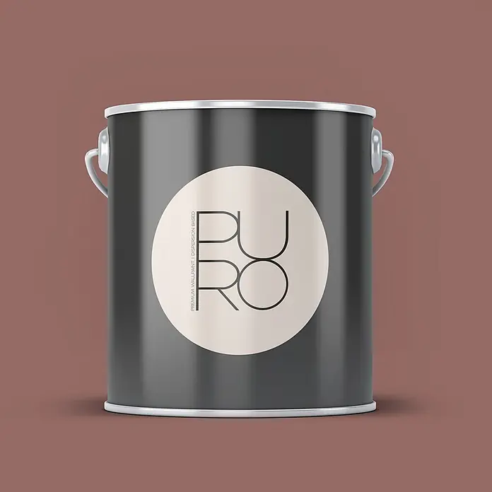Livingwalls Wandfarbe Braun Rosy Beige DD125853 5l - Braun, Matt, 5 l - Dunkelgraue Farbdose mit hellbeigem „PURO“-Etikett, vor einem rotbraunen Hintergrund.