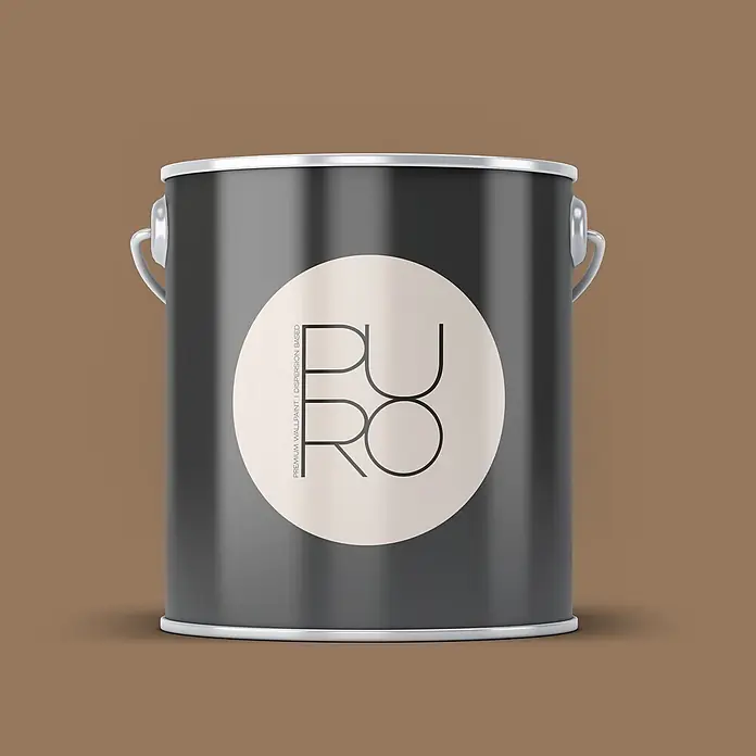 Livingwalls Wandfarbe Braun Soothing Brown DD126061 1l - Braun, Matt, 1 l - Dunkelgrauer Farbeimer mit silbernem Rand und Henkel, mit rundem beigefarbenem Etikett mit "PURO" und "PREMIUM WALLPAINT" Text.
