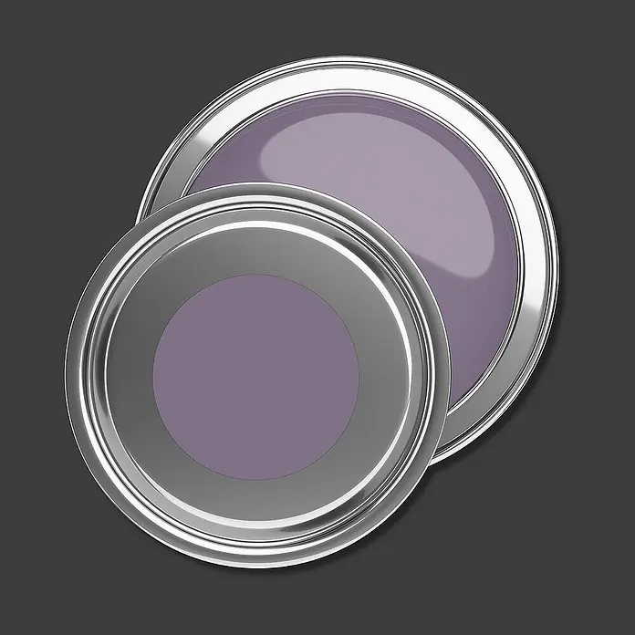 Tadessi Wandfarbe Magenta - Violett, Matt, 1 l - Zwei offene silberne Farbdosen gefüllt mit lavendelfarbener Farbe.