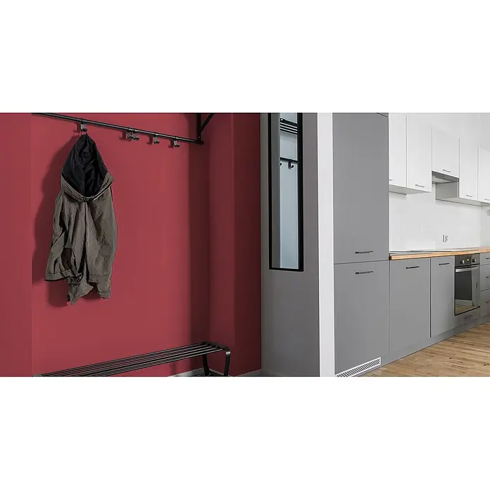 Livingwalls Wandfarbe Pink Peachy Pink DD125872 1l - Pink, Matt, 1 l - Schwarze Metallgarderobe mit Haken und passendem Schuhregal darunter, in einem modernen Flur mit aufgehängter Jacke.