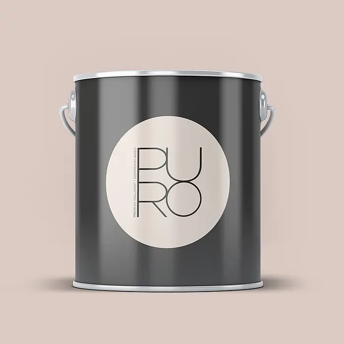 Livingwalls Wandfarbe Beige Rosy Beige DD125841 5l - Beige, Matt, 5 l - Dunkelgraue Farbkanne mit silbernem Deckel und Griffen, mit hellbeigem, rundem Etikett mit „PURO Premium Wallpaint“ Text.