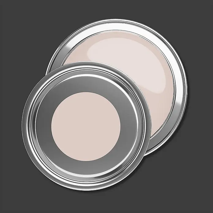Tadessi Wandfarbe Kupferrot - Beige, Matt, 5 l - Zwei offene Farbdosen mit silbernen Deckeln, die hellbeige Farbe enthalten.