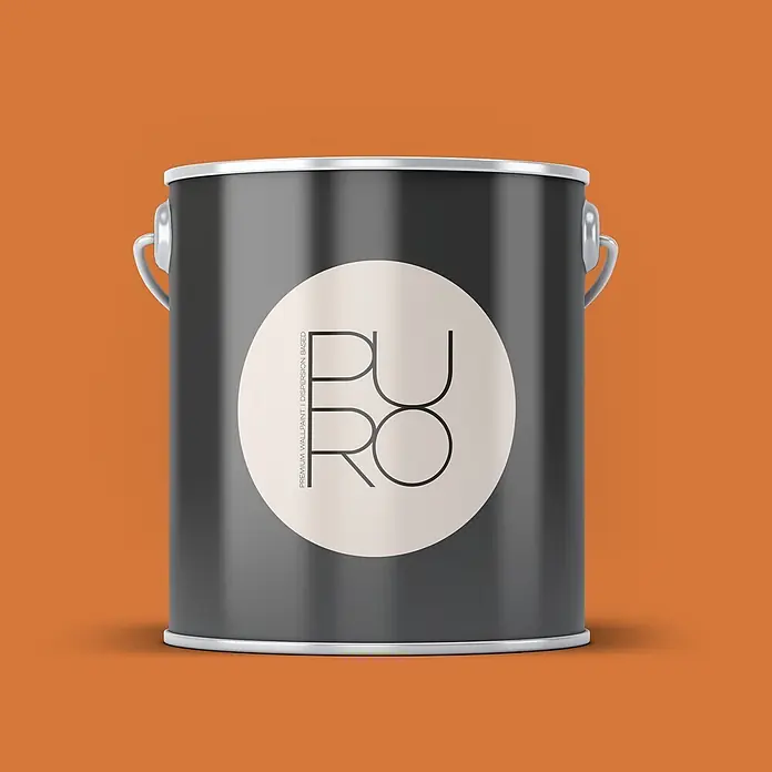 Livingwalls Wandfarbe Orange Dusty Orange DD126149 2,5l - Orange, Matt, 2,5 l - Dunkelgraue Farbkanne mit cremefarbenem 'PURO'-Etikett und silbernem Griff, auf orangefarbenem Hintergrund.