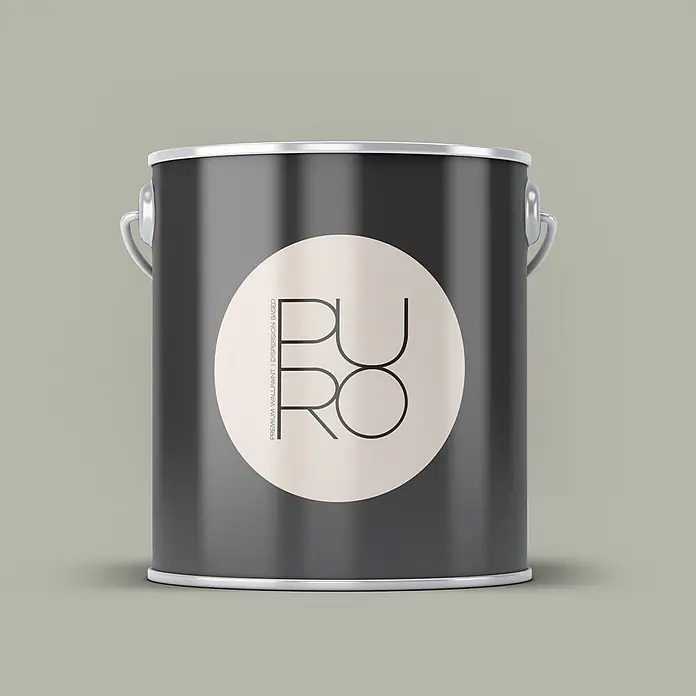 Livingwalls Wandfarbe Grau Calm Taupe DD126021 5l - Grau, Matt, 5 l - Dunkelgraue Farbkanne mit silbernem Rand und Griff, vorderseitig ein hellbeiges Etikett mit 'PURO' und 'PREMIUM WALLPAINT'.