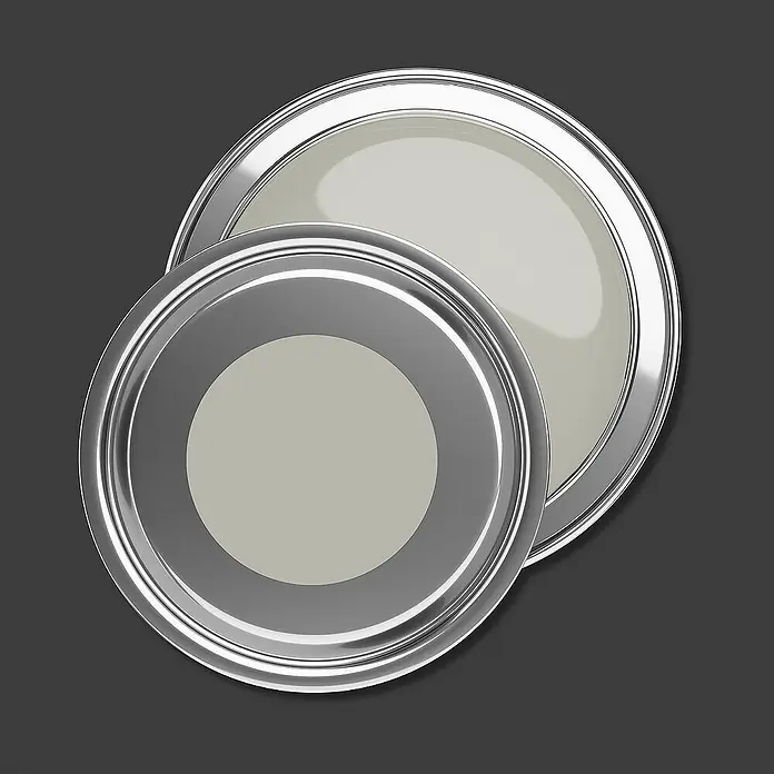 Tadessi Wandfarbe Moosgrau - Grau, Matt, 1 l - Zwei metallische Farbdosendeckel, einer überlappend, zeigen hellgraue Farbe.