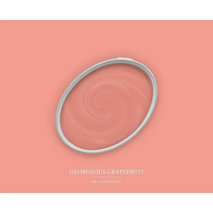 Livingwalls Wandfarbe Pink Georgeous Grapefruit 7004 2,5l - Pink, Matt, 2,5 l - Offener silberner Farbdosendeckel mit 'Gorgeous Grapefruit' rosa-orangefarbener Farbe und Wirbelmuster.