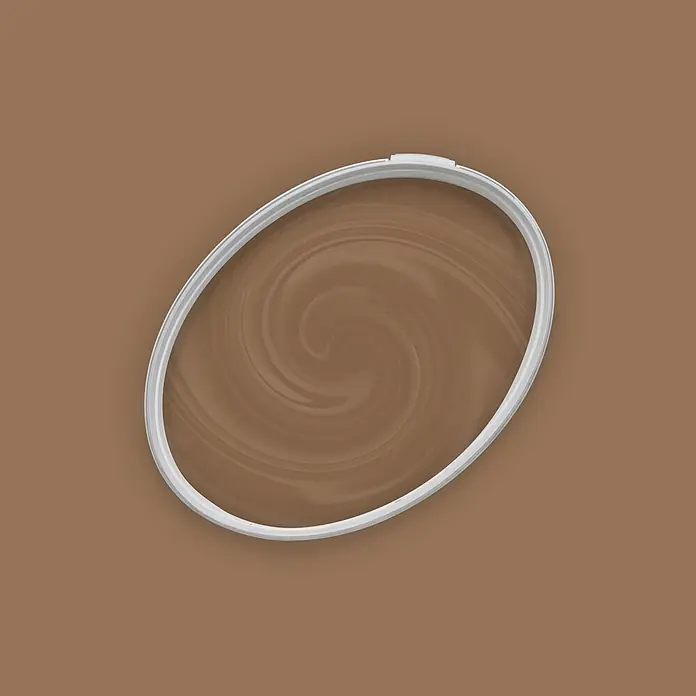 Livingwalls Wandfarbe Braun Awesome Anis 6007 5l - Matt, 5 l - Weißer ovaler Rahmen mit einem spiralförmigen braunen Flüssigkeitsmuster darin.