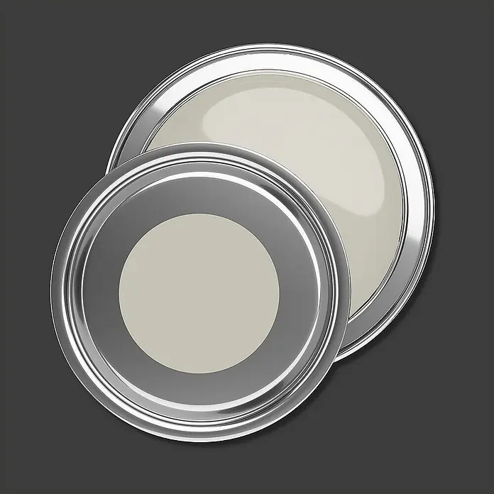 Tadessi Wandfarbe Khaki - Grau, Matt, 1 l - Zwei metallische Farbdosen, eine überlappend, zeigen hellbeigefarbene Farbe.